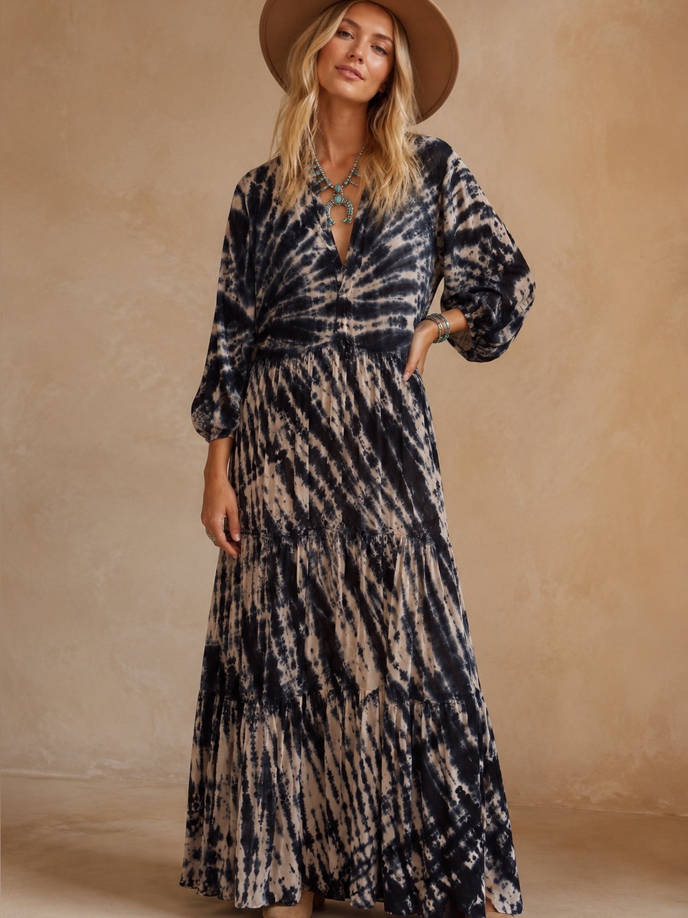 0134. Young Fabulous & Broke Tie-Dye Maxi Dress in Black and Cream